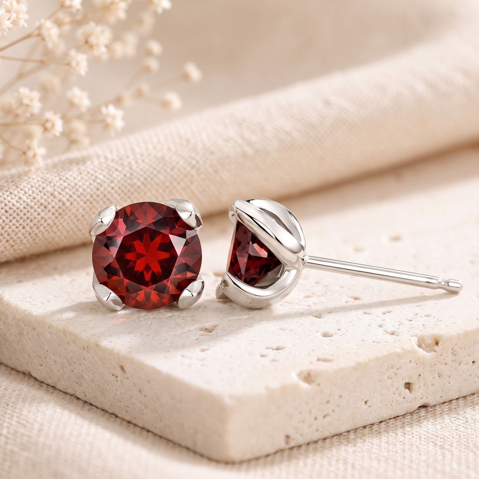 Scarlet | Round Cut Deep Red Solitaire Studs - Image 3