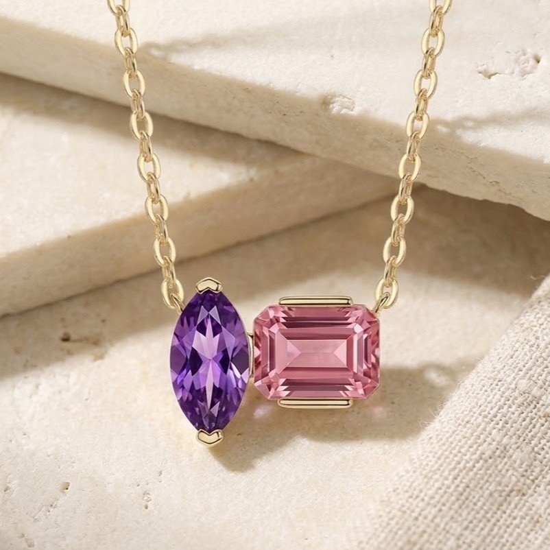 Twilight Duo | Asymmetric Pink & Purple Two-Stone Necklace - Image 4