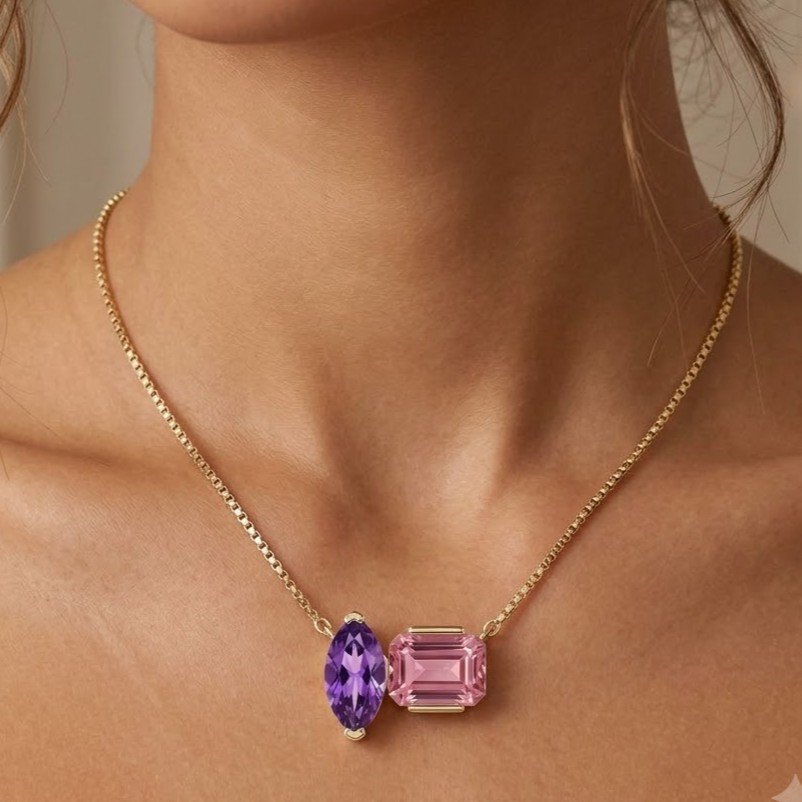 Twilight Duo | Asymmetric Pink & Purple Two-Stone Necklace - Image 5