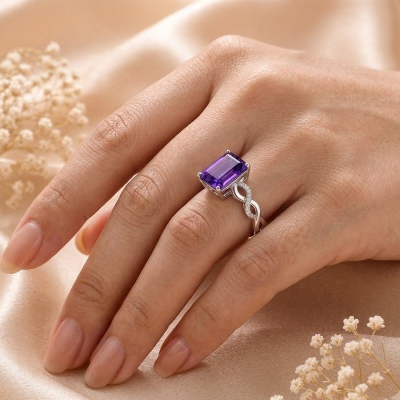 The Infinity Solitaire | Emerald Cut Purple stone Twisted Band Ring - Image 2