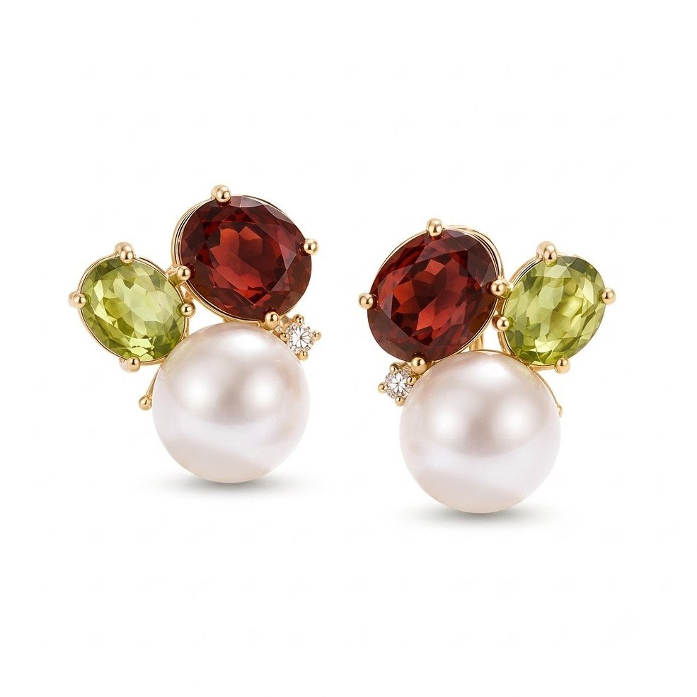 The Heirloom Trio | Pearl & Oval Gemstone Asymmetric Studs - Image 1