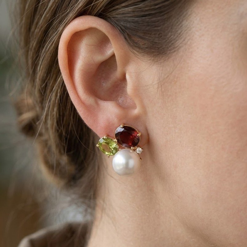 The Heirloom Trio | Pearl & Oval Gemstone Asymmetric Studs - Image 4