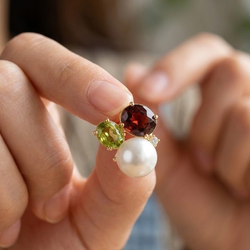 The Heirloom Trio | Pearl & Oval Gemstone Asymmetric Studs - Image 3