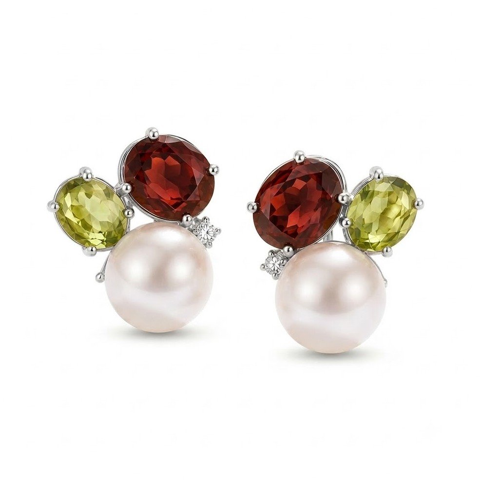 The Heirloom Trio | Pearl & Oval Gemstone Asymmetric Studs - Image 2