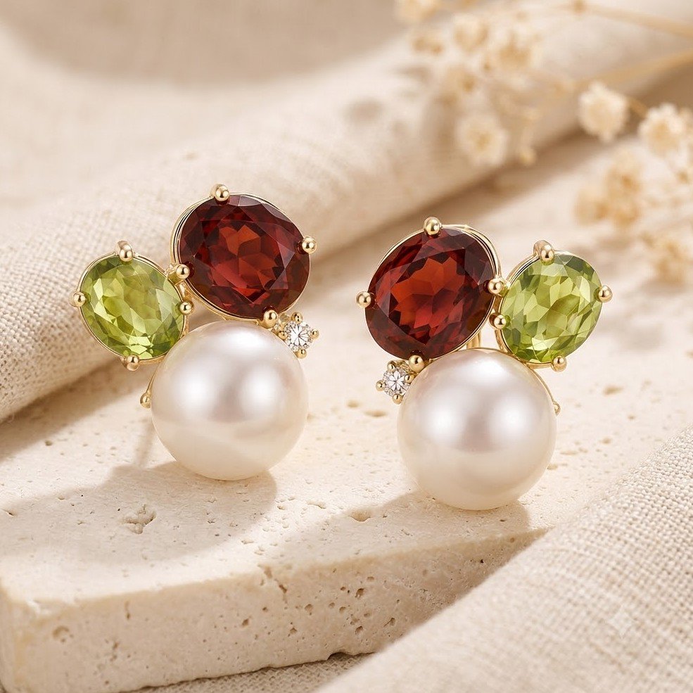 The Heirloom Trio | Pearl & Oval Gemstone Asymmetric Studs - Image 6