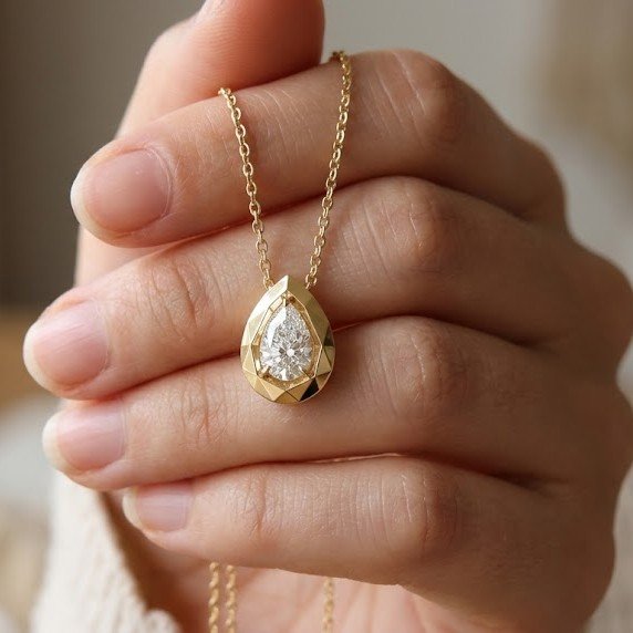 The Origami Teardrop | Faceted Gold Bezel Pear Pendant - Image 2