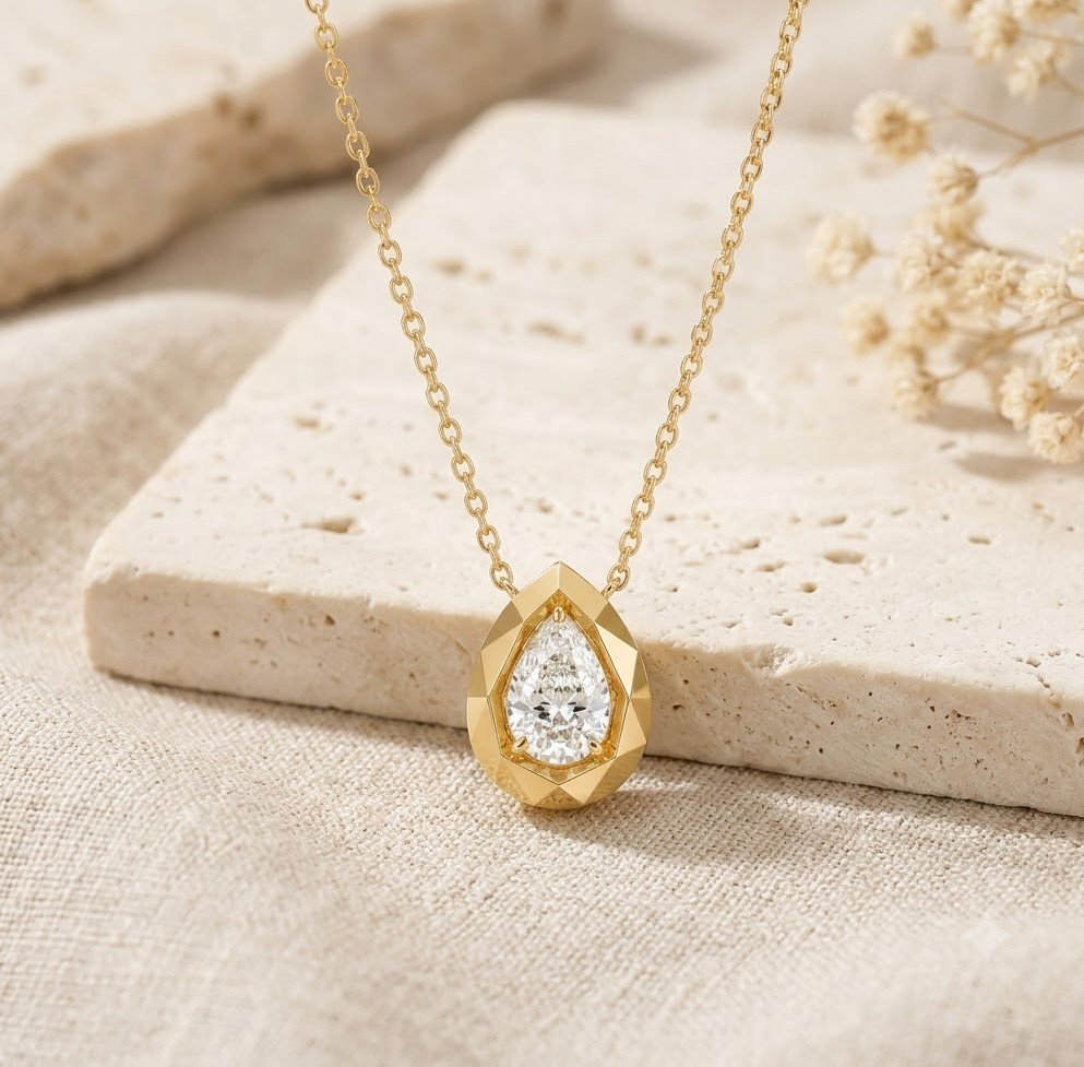 The Origami Teardrop | Faceted Gold Bezel Pear Pendant - Image 5
