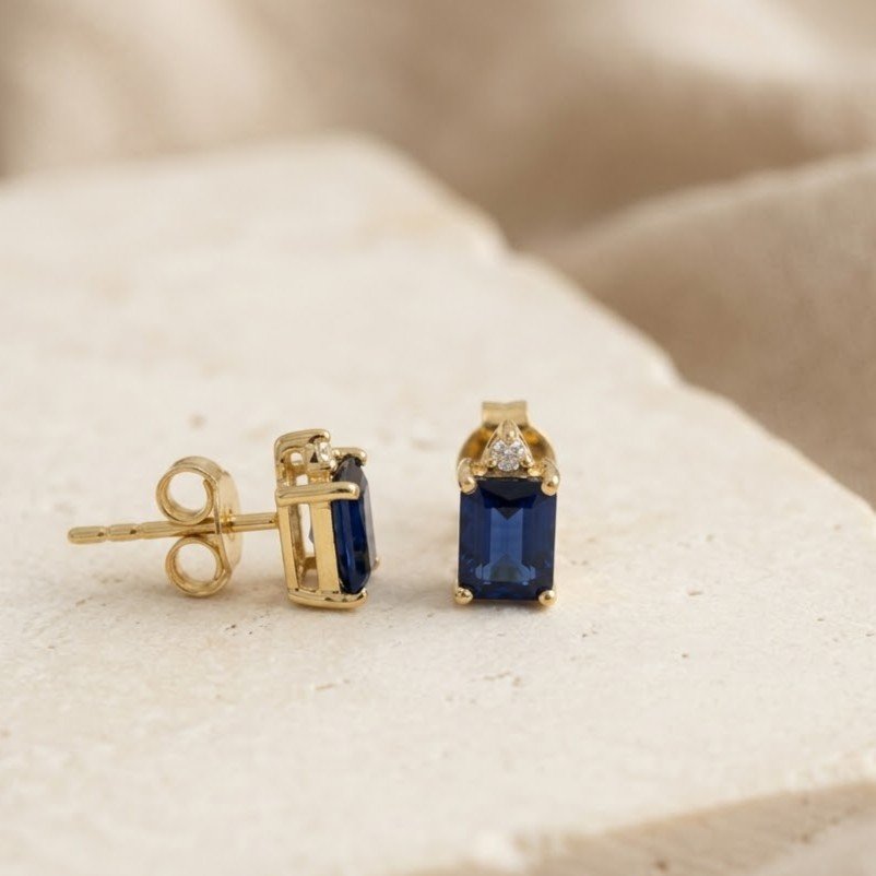 The Royal Crown | Emerald-Cut Blue Gemstone Stud Earrings - Image 2