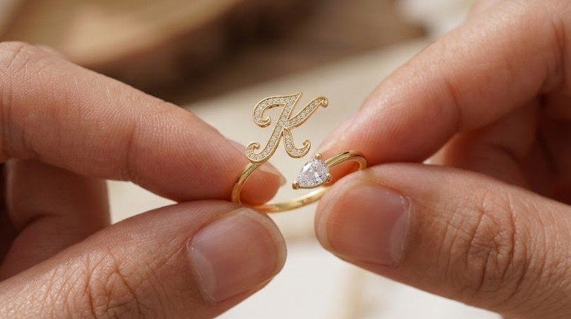 The Monogram Ring | Script Initial & Pear stone Bypass Ring - Image 3