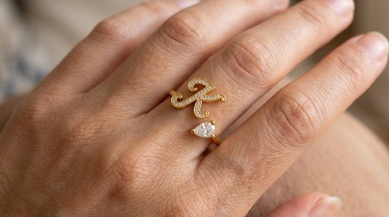 The Monogram Ring | Script Initial & Pear stone Bypass Ring - Image 4