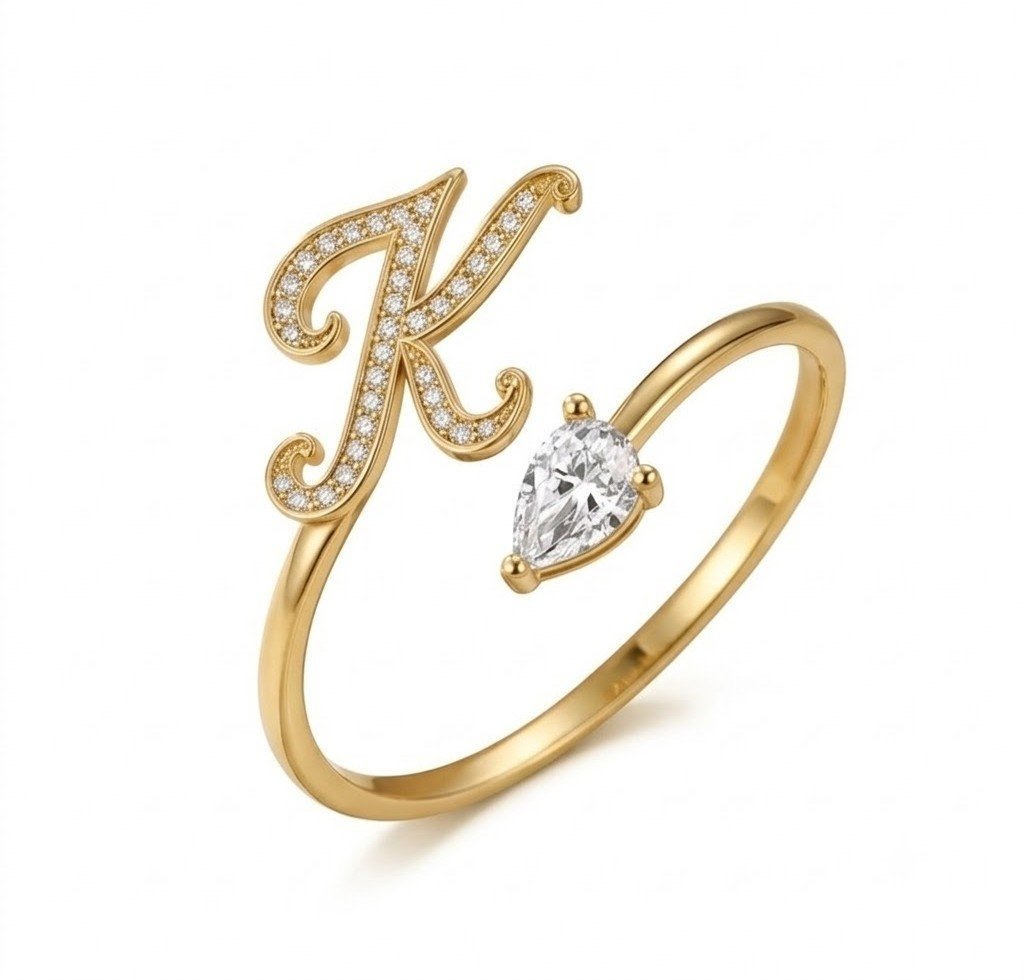 The Monogram Ring | Script Initial & Pear stone Bypass Ring - Image 1