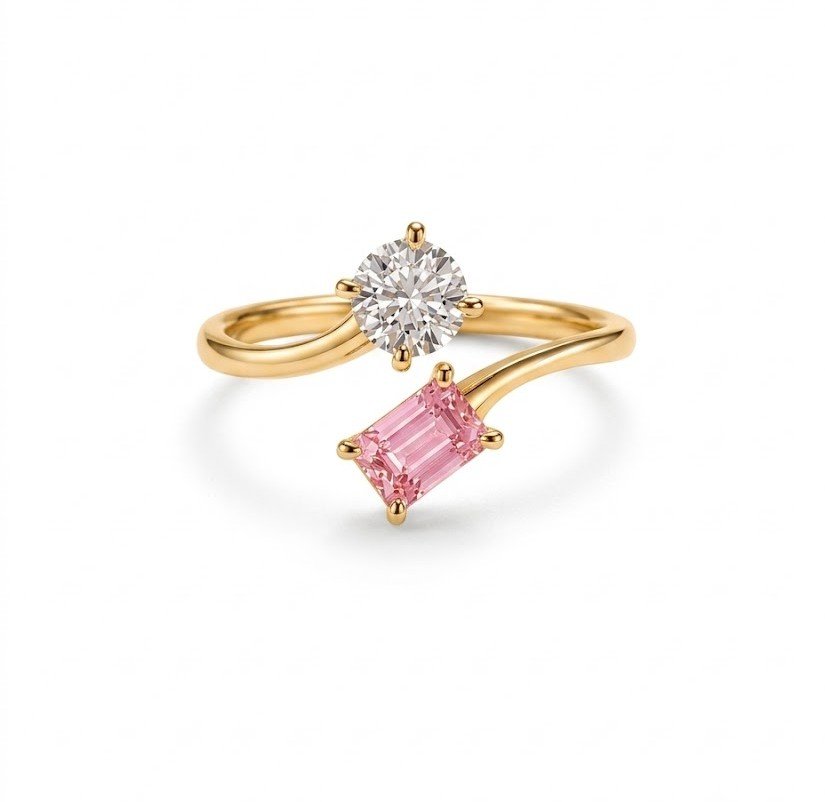 The Duo Solitaire | Round & Emerald Cut stone Open Ring - Image 2