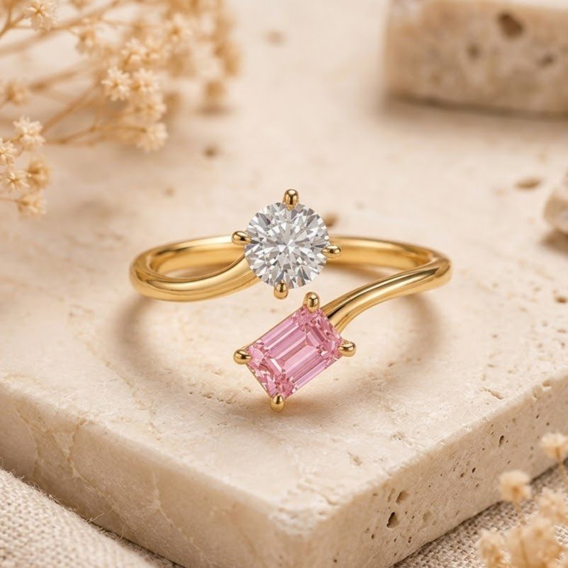 The Duo Solitaire | Round & Emerald Cut stone Open Ring - Image 5